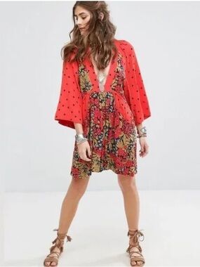 Free People Tangerine Talulla Bright Floral Printed Mini Sun Dress Rayon Small